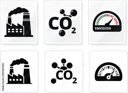Industrial Emissions & Carbon Footprint Icons Factory pollution, CO2 molecules, and emission gauges for environmental impact, sustainability, and climate change awareness