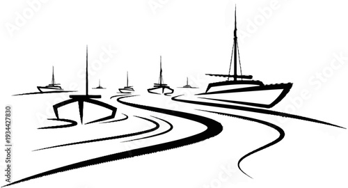 Black and white graphic of sailboats on a winding body of water