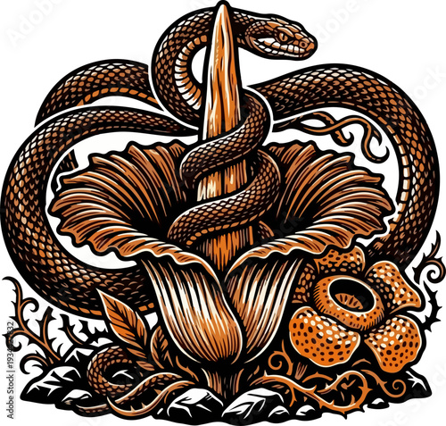 Bold Black Silhouette Corpse Flower and Snake Vector Illustration with Orange Accent