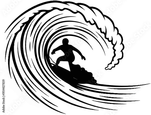 Silhouette of a surfer riding a massive wave