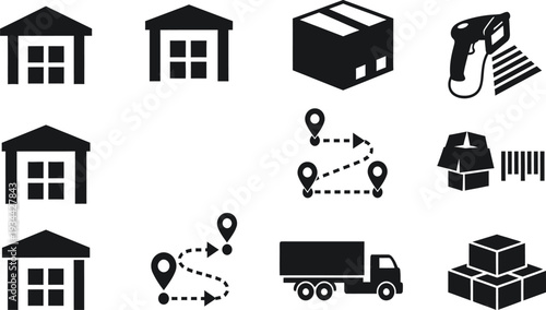 Warehouse Logistics Icons Set: Shipping, Delivery Truck, Package, Barcode Scanner