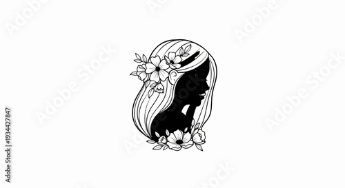 Silhouette of a woman with flowing hair adorned with delicate flowers