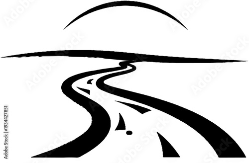 Abstract black and white graphic of a winding road under a curved horizon line