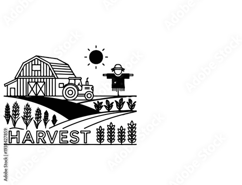 Barn, tractor, scarecrow, crops, and sun depict a rural harvest scene