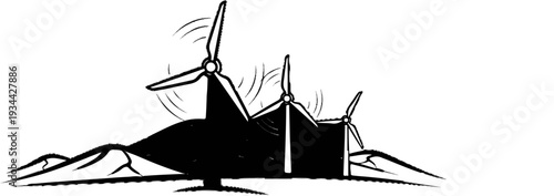 Stylized black and white drawing of three wind turbines on hilly terrain