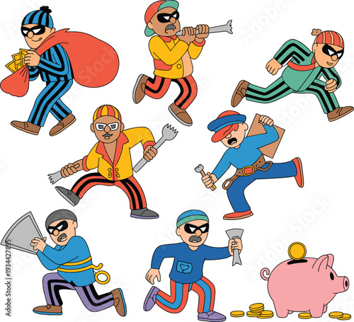 Cartoon burglars characters set stealing money tools piggy bank robbery scene criminal activity illustration isolated on white background vector style