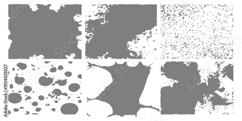 Abstract grey and white distressed texture set with organic grit splatter and marbled grunge patterns on white back