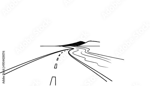 A winding black and white sketch of a road disappearing into the distance