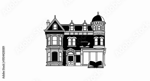 Stylized black and white illustration of a building with a coffee cup and an open book