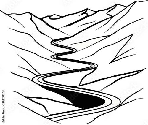 A winding road snakes through dramatic, stylized mountain terrain