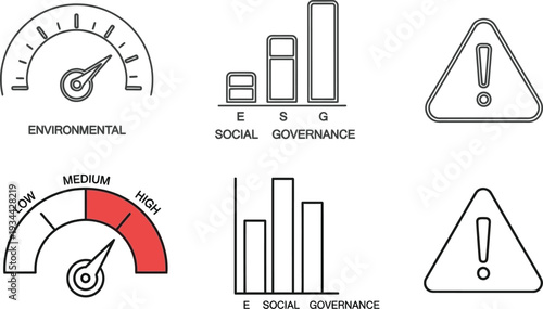 ESG investment icons environmental, social, governance gauges, and warning signs