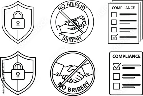 Set of Compliance and Security Icons No Bribery, Locked Shield, and Checklist Symbols