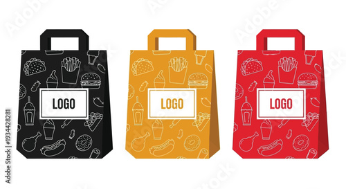 Three fast food patterned paper bags with handles mockup design