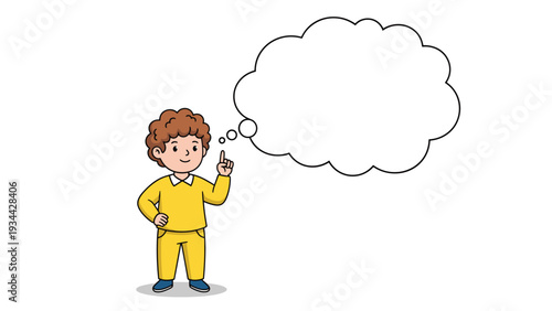 Cute young boy in yellow clothes points upwards while standing next to a large empty white thought bubble on a white background.