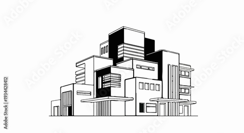 Stylized black and white graphic of an angular, layered modern building