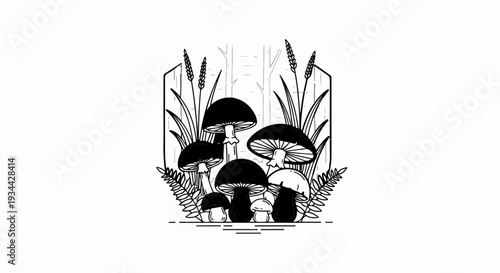 A stylized illustration of various mushrooms, grasses, and ferns within an outlined frame