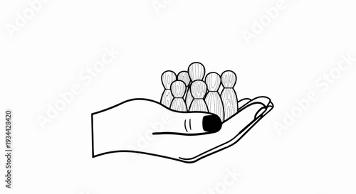 A stylized hand holds a group of wooden peg people