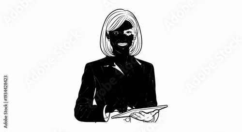 Smiling woman in suit holding tablet