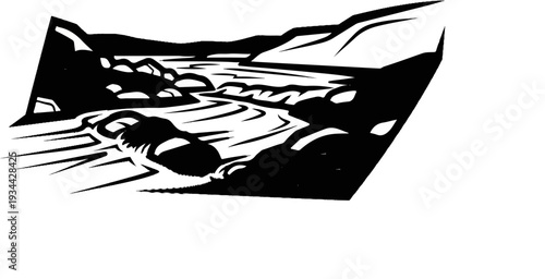 Stylized black and white ink drawing of a winding river through a mountainous landscape