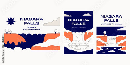Niagara Falls Winter Ice Panorama – Minimalist Ultra‑Wide Flat Vector Illustration | USA US U.S. United States Frozen Waterfall Banner, Card & Flyer Design
