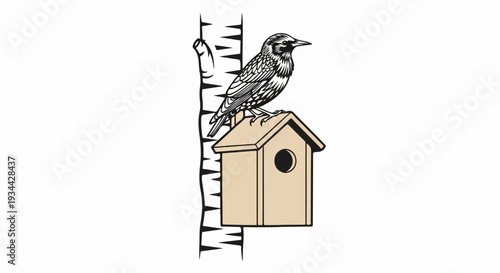 A small bird perches on top of a wooden birdhouse mounted on a tree