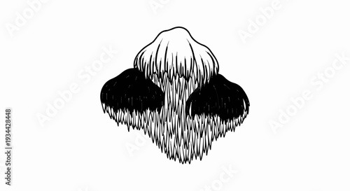 A stylized black and white illustration of a fluffy, abstract creature