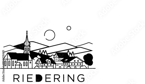 Stylized black and white village with church, houses, hills, and text below