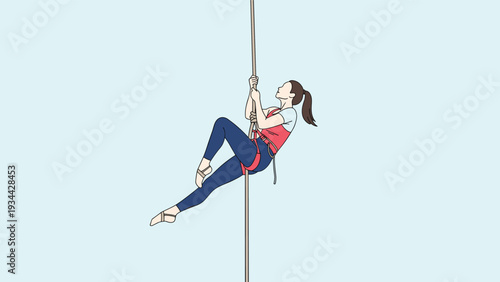 Athletic woman wearing a red vest and blue leggings performing a rope climbing exercise against a light blue background in an indoor gym.