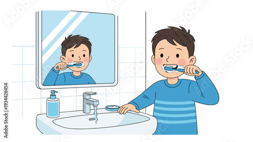 Young boy in blue pajamas brushing his teeth with a blue toothbrush in front of a bathroom mirror during his morning routine.