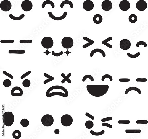 かわいい日本風絵文字フェイス 手描き筆描きベクターデザインセット