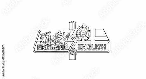 A signpost with a dragon and Tudor rose symbols for England