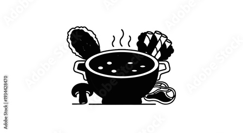 A steaming pot of soup surrounded by vegetables and meat