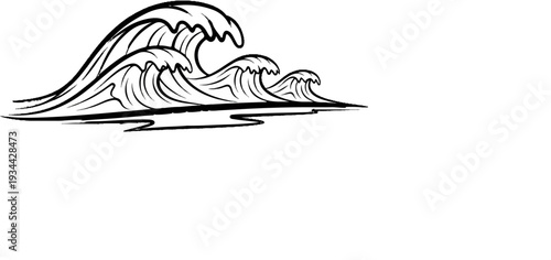Stylized black ink drawing of crashing ocean waves on a white background