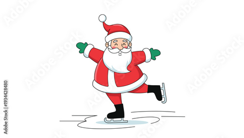 Cheerful cartoon Santa Claus wearing his traditional red suit and hat while ice skating gracefully on a frozen pond in winter.
