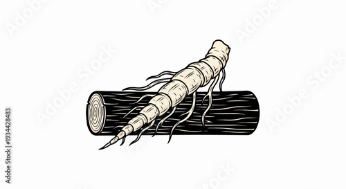 Stylized illustration of a pale root with tendrils on a dark log