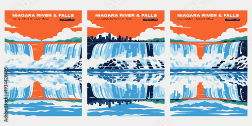 Niagara River and Falls Reflection – Ultra‑Wide Flat Vector Panorama | USA US U.S. United States Scenic Waterfall Illustration Banner, Card & Flyer Design
