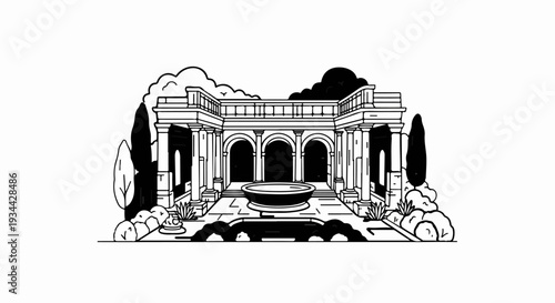 A stark black and white illustration of a courtyard with classical architecture and a central fountain