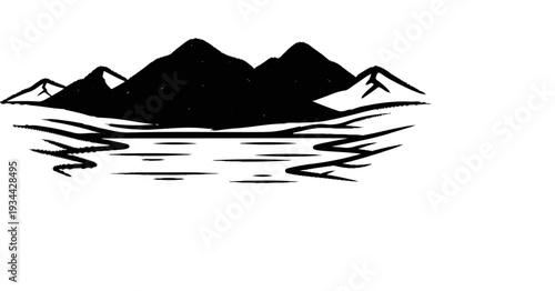 Stylized ink drawing of mountain range reflected in water