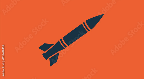 A flat design missile illustration on a vibrant orange background, symbolizing global conflict and nuclear threat.