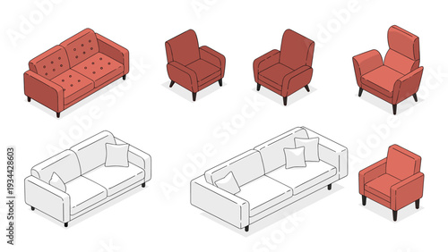 Collection of isometric living room furniture including sofas and armchairs in modern red and white designs for interior architectural projects.