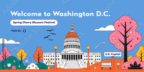 Capitol Building with Cherry Blossoms – Ultra‑Wide Flat Vector Panorama | USA US U.S. United States Washington D.C. Spring Illustration Banner, Card & Flyer Design
