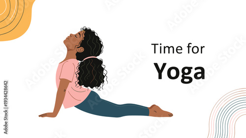 Young african american girl practicing the cobra yoga pose with focused expression and text time for yoga on a decorative background.