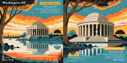 Jefferson Memorial at Sunrise – Ultra‑Wide Flat Vector Panorama with Reflecting Water | USA US U.S. United States Scenic Banner, Card & Flyer Illustration
