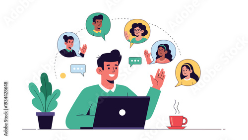 Smiling man participating in a group video conference call using his laptop computer to communicate with friends and colleagues remotely.