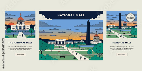 National Mall Aerial View at Dusk – Panoramic Flat Vector Banner | USA US U.S. United States Landmark Illustration for Cards, Flyers & Travel Designs
