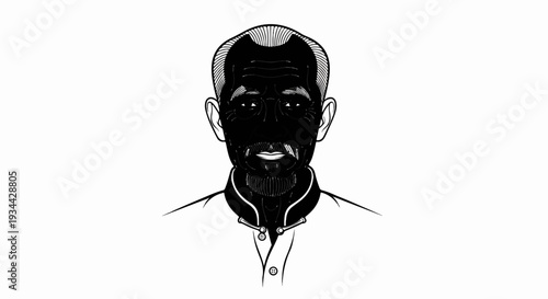 Stylized ink portrait of an older man with a goatee and mustache