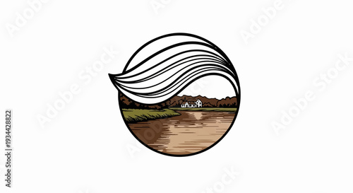 Stylized rural scene with a house, water, trees, and abstract wavy lines