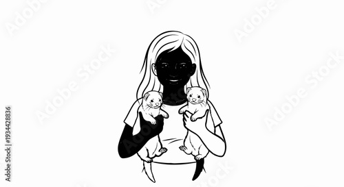 A person with long hair holds two small furry animals