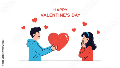 Romantic man giving a large red heart to a surprised woman with text celebrating happy valentine's day and floating heart symbols.