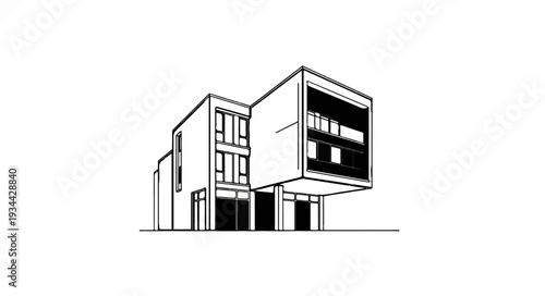A minimalist black and white sketch of a modern, angular building